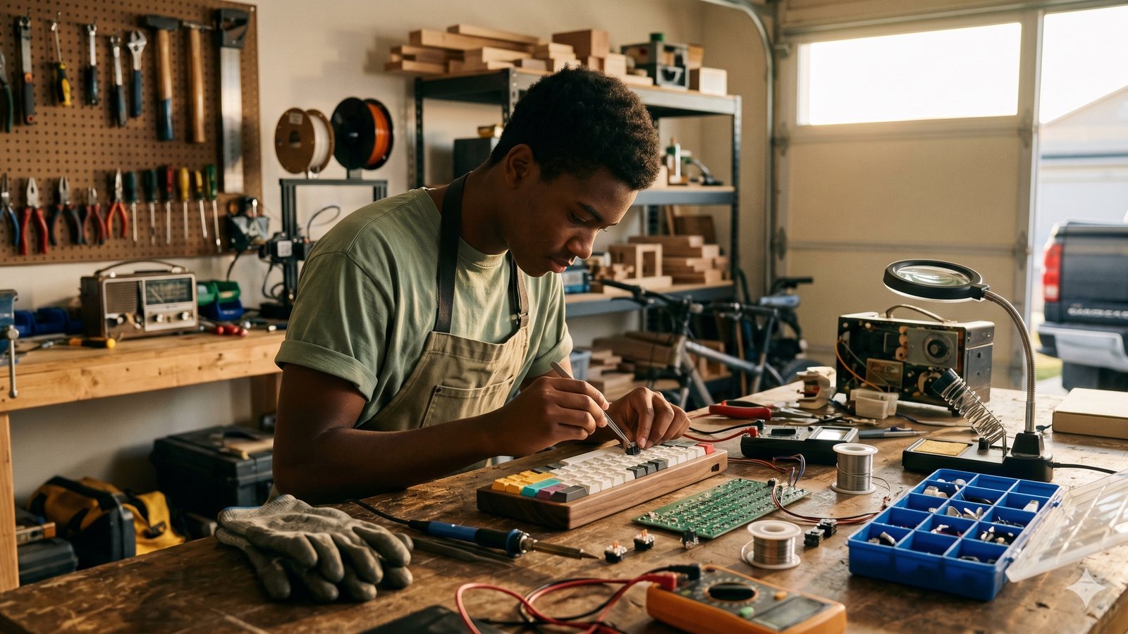 A focused teenager soldering an electronics project at a workbench in a home workshop