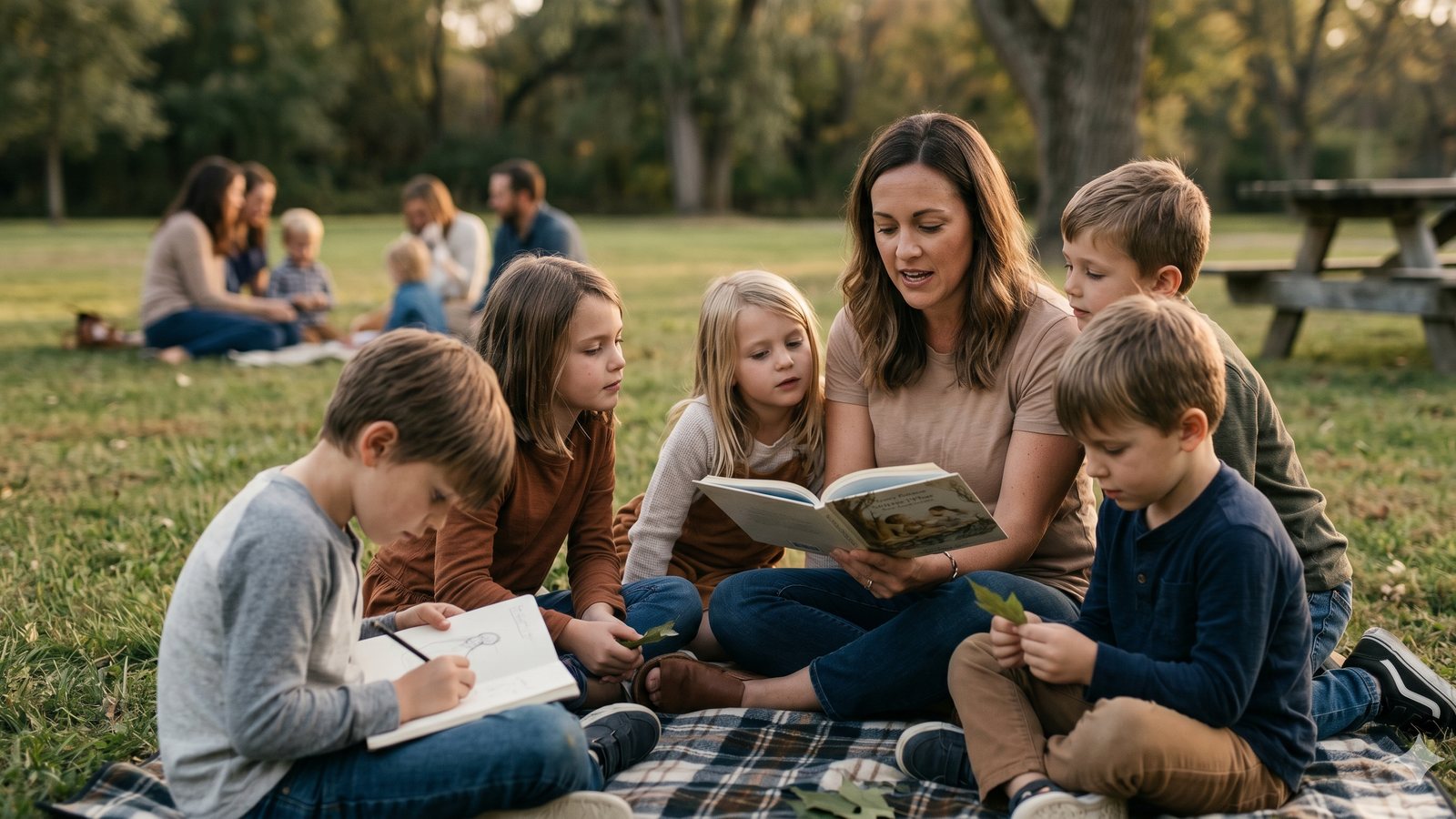 Homeschool families gathered outdoors, an adult reading aloud to a group of children