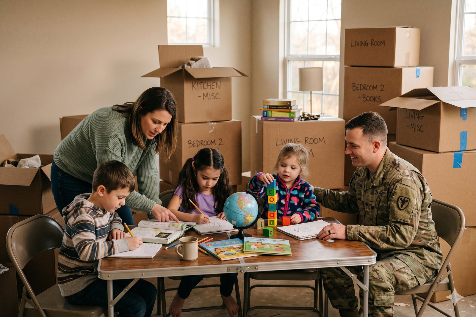 A military family doing schoolwork together at a folding table among moving boxes