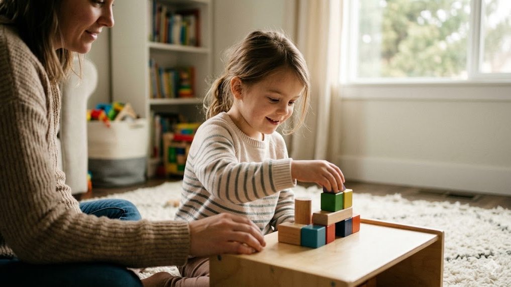 A child absorbed in building with wooden blocks while a parent stays close by