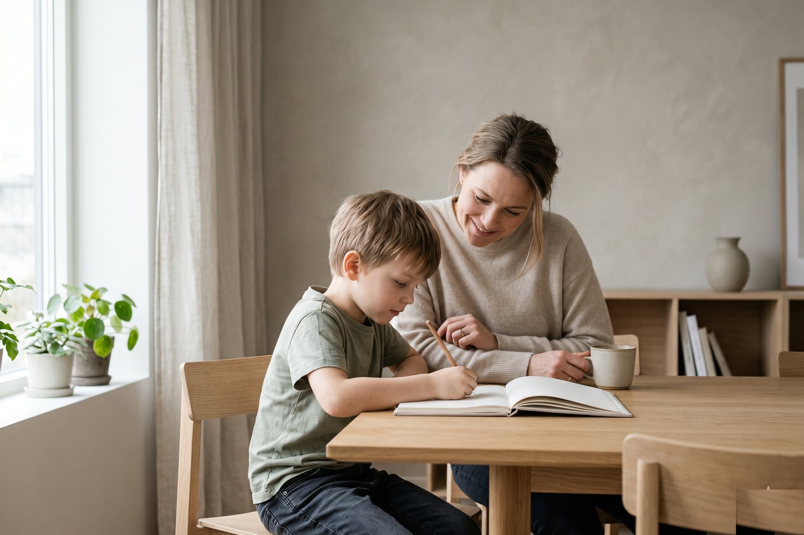 A parent and child doing schoolwork together at a sunlit table